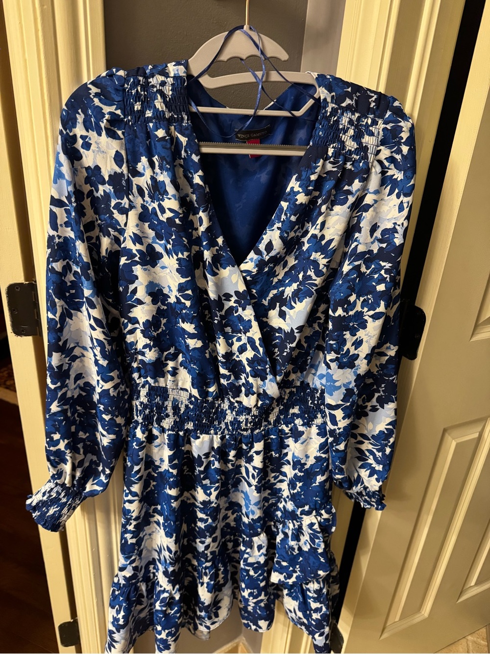 Vince Camuto Navy and White Floral Wrap-Style Long Sleeve Dress